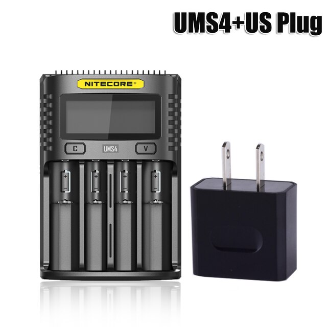 NITECORE UMS4 Batterie ladegerät QC Schnelle Ladung 4A mit 4 Slots Ausgang LCD Display Für 18650 14500 16340 26650 21700 AA AAA Batterie: UMS4 and US Plug