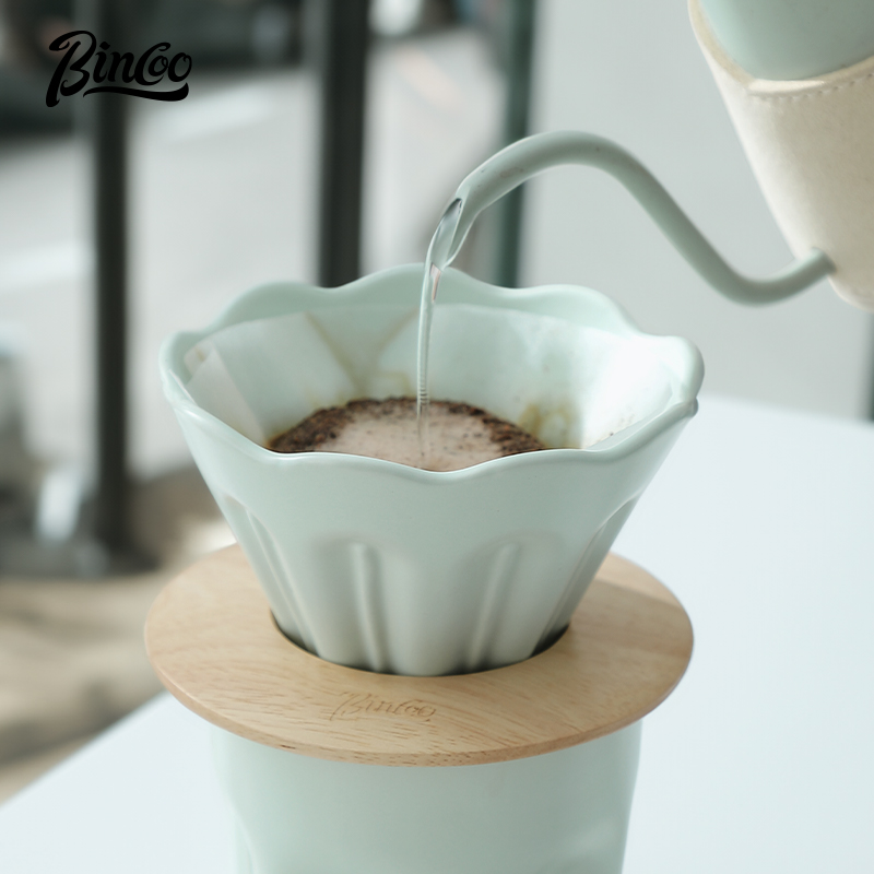 Taza con filtro de café de cerámica V01, juego de tazas de café con filtros reutilizables con soporte de madera, gotero de embudo, taza con filtro de flores, accesorios para café