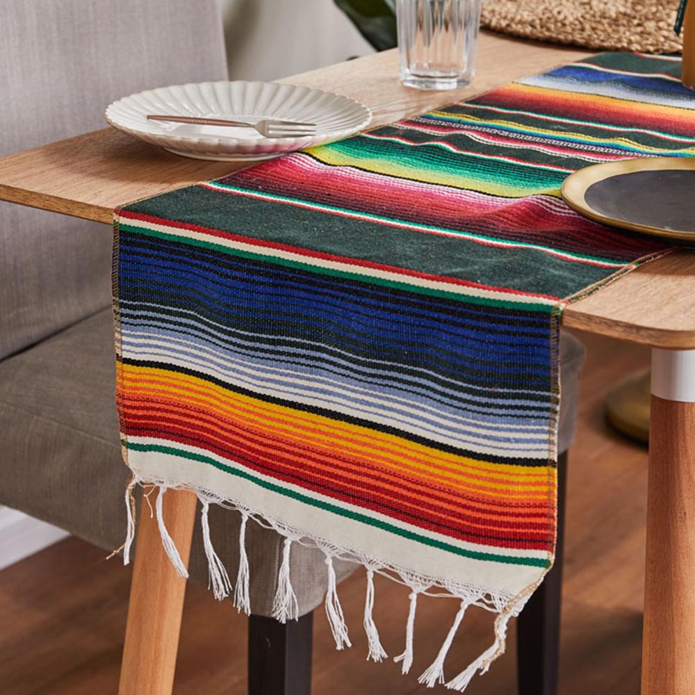 4 farver mexicansk fest serape bomuld duge bordløber regnbue bryllupsfest bordløbere hjemmepynt 213 x 35cm: Mørkegrøn