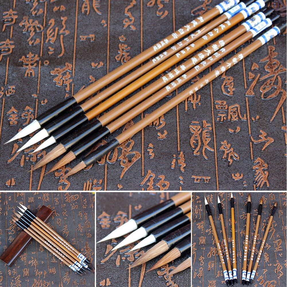 6pcs/set Study Student Stationery Home School Tools Easy Grip Art Calligraphy Painting Writing Brush Accessory Bamboo Drawing