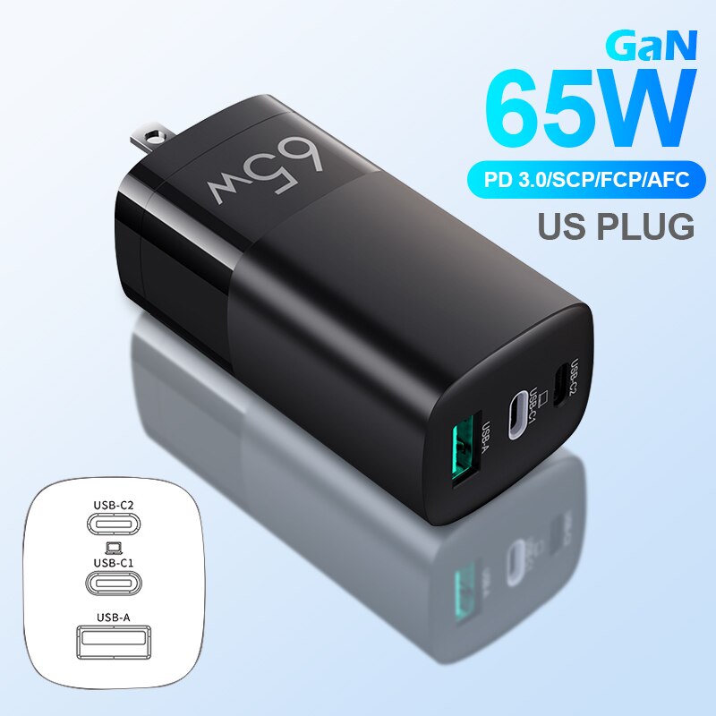 Nohon 65W GaN PD USB C Charger for iPhone Charger Fast Quick Charge Portable Cargador for MacBook Tablet: US Plug Black