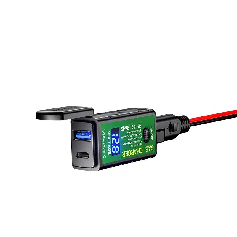 Cargador USB SAE a USB para motocicleta, voltímetro tipo C, interruptor de encendido/apagado, impermeable, desconexión de enchufe rápida, 3.1A/4.8A TYPE-C: Type C