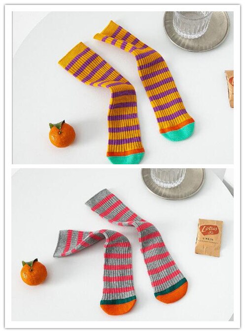Chaussettes sans talon pour enfants de 1 à 8 ans, lot de 2 paires, pour étudiants, droites, rayées, couleur assortie, printemps: 1