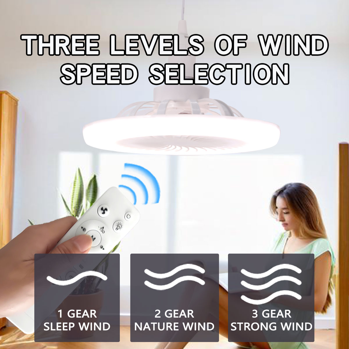 Luz LED para ventilador de techo E27 con control remoto, atenuación, velocidad del viento regulable de 3 velocidades, adecuada para sala de estar, estudio, baño