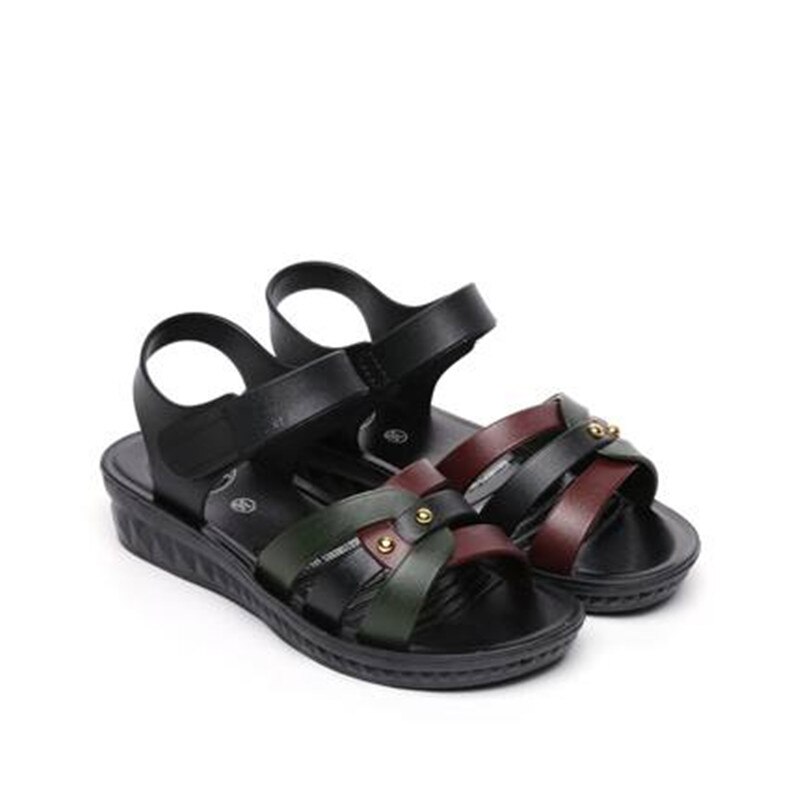 Sommar stil mamma sandaler medelålders kvinnor bekväma anti-halk mjuk sula skor gubbsandaler sandalier mujer: Svart / 36