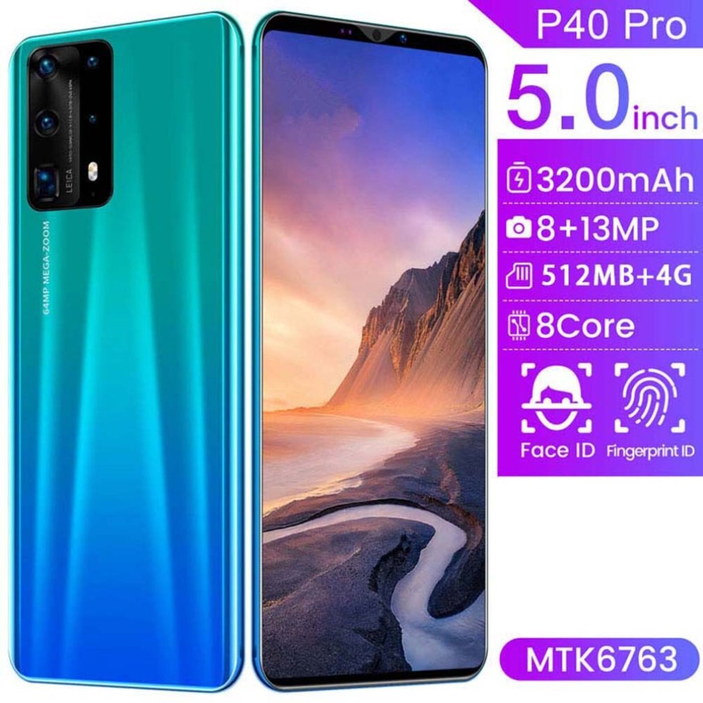 Dual-Core P40 Pro Smartphone 5 Inch Screen Smartphone 512M+4G Android Smartphone 3D Glass Plated Back Cover Blue: EU