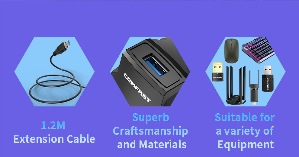 Base de Extensão COMFAST USB3.0 para Adaptador Wi-Fi com Cabo de 1.2M – Dispositivo de Transmissão para Placa de Rede/Pen Drive/Mouse/Áudio