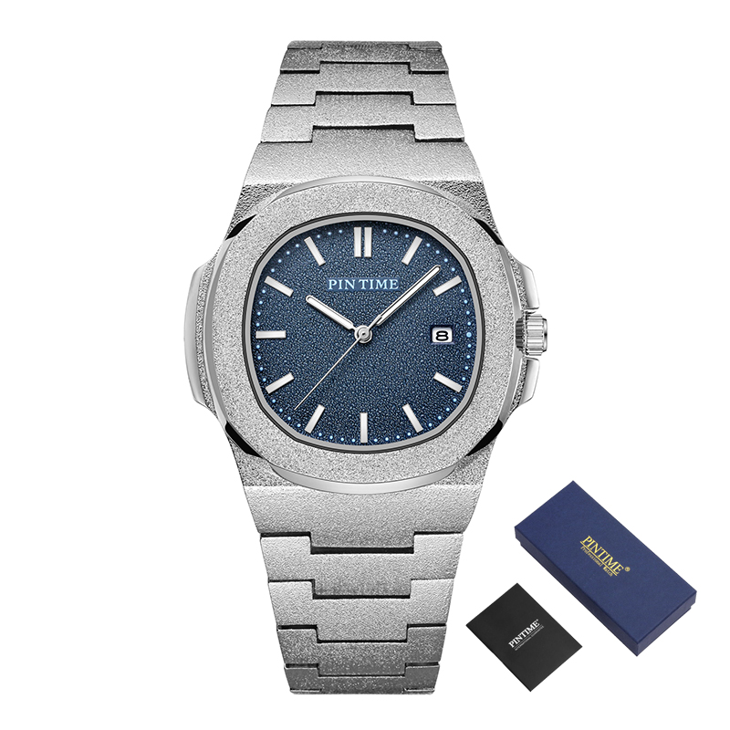 PINTIME Mens Luxury Watch Frosted Stainless Steel Quartz Movement Watches Male Sport Wristwatch: Silve Blue box