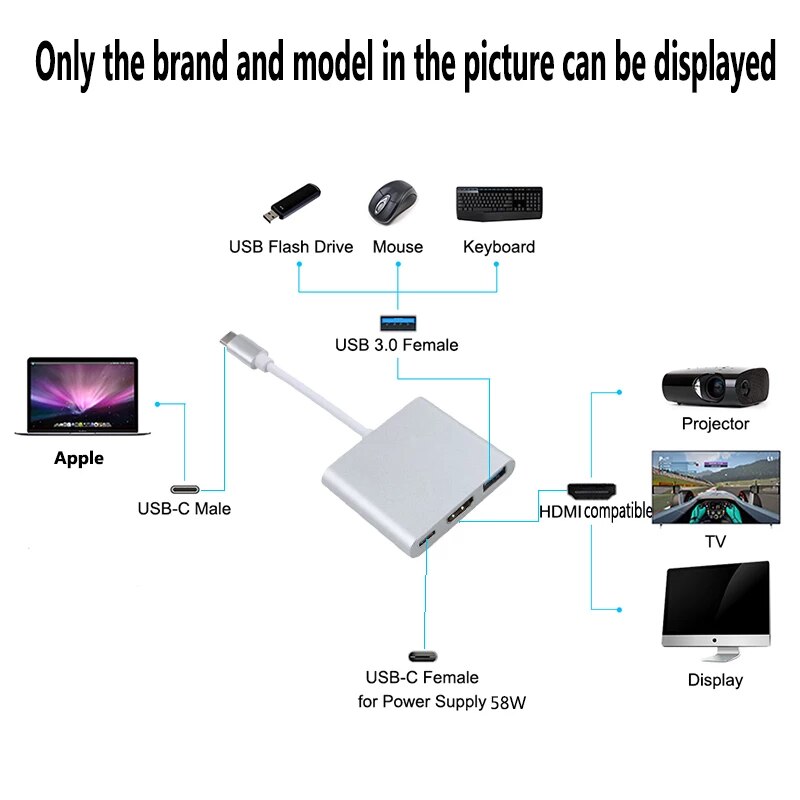 Usb C Hdmi-Compatibel Converter Adapter Type C Naar Hd/Usb 3.0/Type-C Aluminium Voor macbook Pro Samsung S9 Huawei Mate20