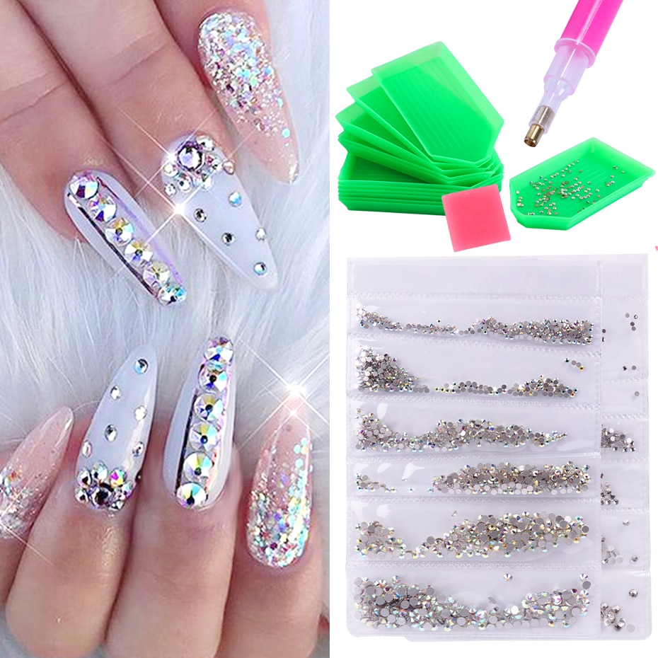 1440 stk ab hvide negle rhinestones sat flad tilbage negle strass krystal sten 3d nail art dekoration tilbehør værktøj  la880