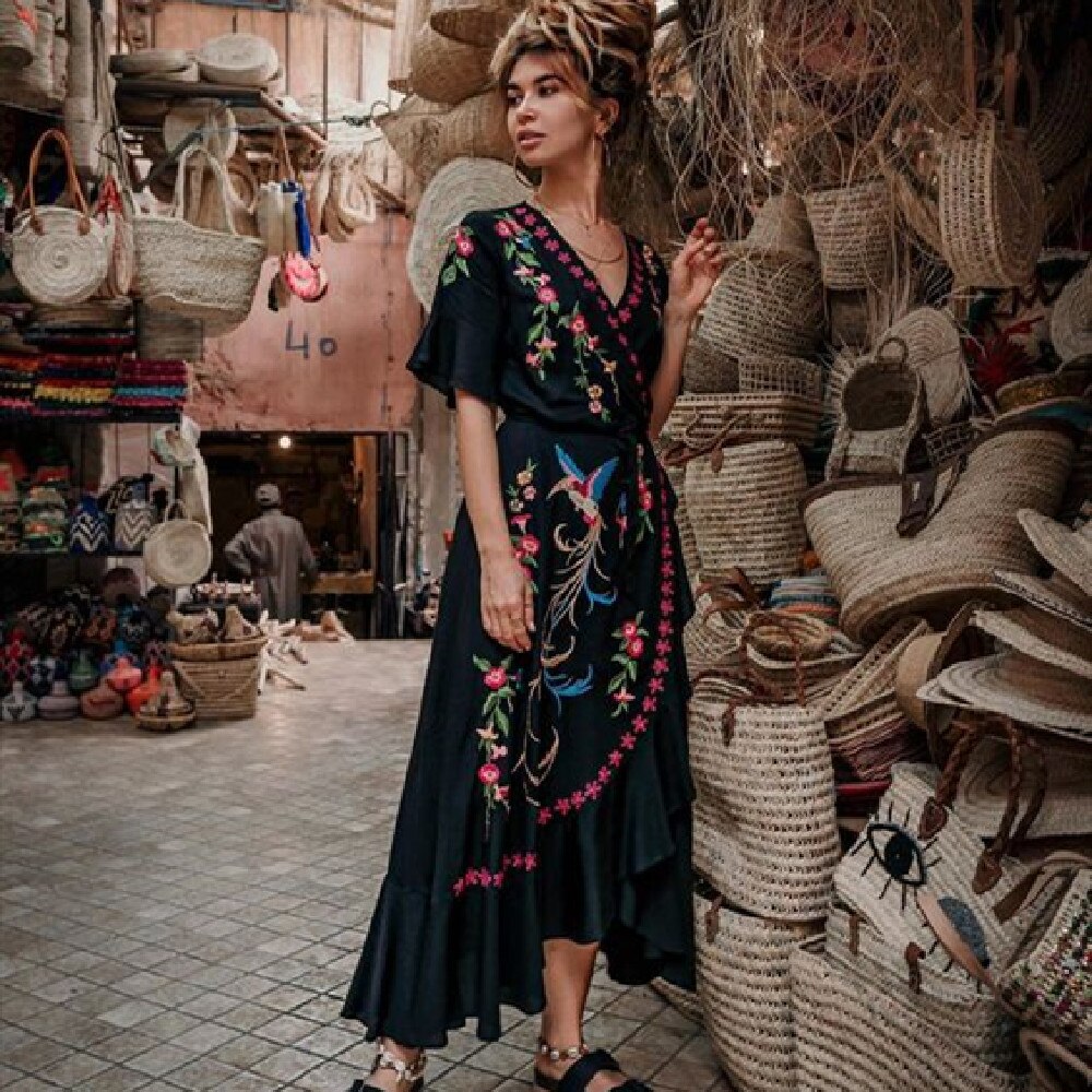 Stijl Katoen Borduurwerk V-hals Zwarte Jurk Bohemian Plus Size Beach Cover Up Vrouwen Tuniek Jurk Vestido A191