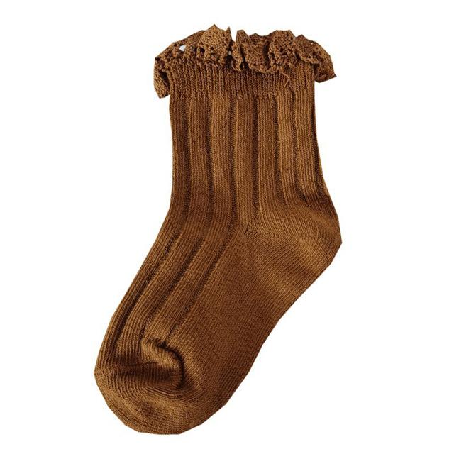 1-8Y 1 Pairs Spring Autumn Trendy Socks Children's Baby Girl Candy Colors Thin Cotton Princess Lace Ruffled Edge Socks: Khaki / 3-5Years