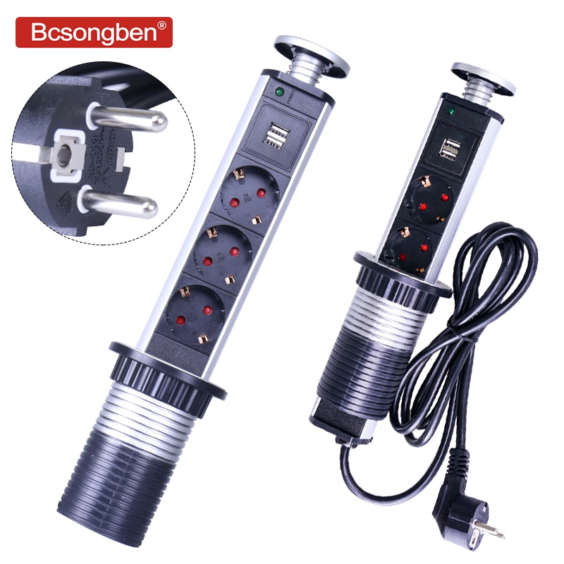 Bcsongben PULL socket POP UP 3 Power Socket 2 USB Outlet Charging Port Desktop 16A Sockets Hidden Kitchen Table Worktop EU Plug