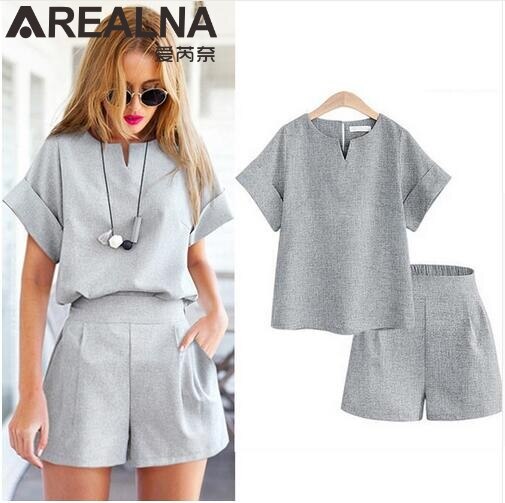 Women Summer Casual Cotton Linen V-neck short sleeve tops +shorts two piece set Female Office Suit Set Women's Costumes 5XL: Gray / 4XL