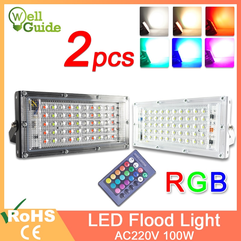 LED Flood Light 50W 100W RGB Led Floodlight Remote control COB chip LED street Lamp AC220V 240V waterproof IP65 outdoor Lighting