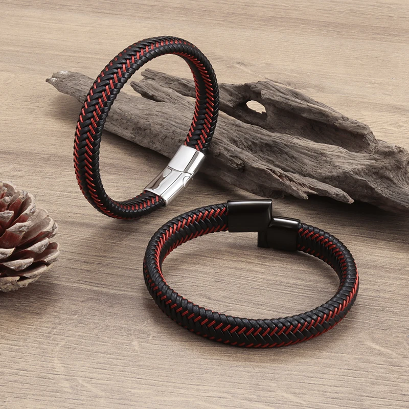 Fashionable and Simple Red Braided Leather Rope Bracelet Black Magnetic Buckle Bracelet for Men