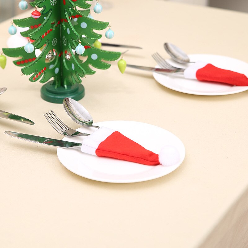 10 stks/partij Mini Kerst Hoed Servies Mes Vork Zak Kerst Decoraties Voor Huis