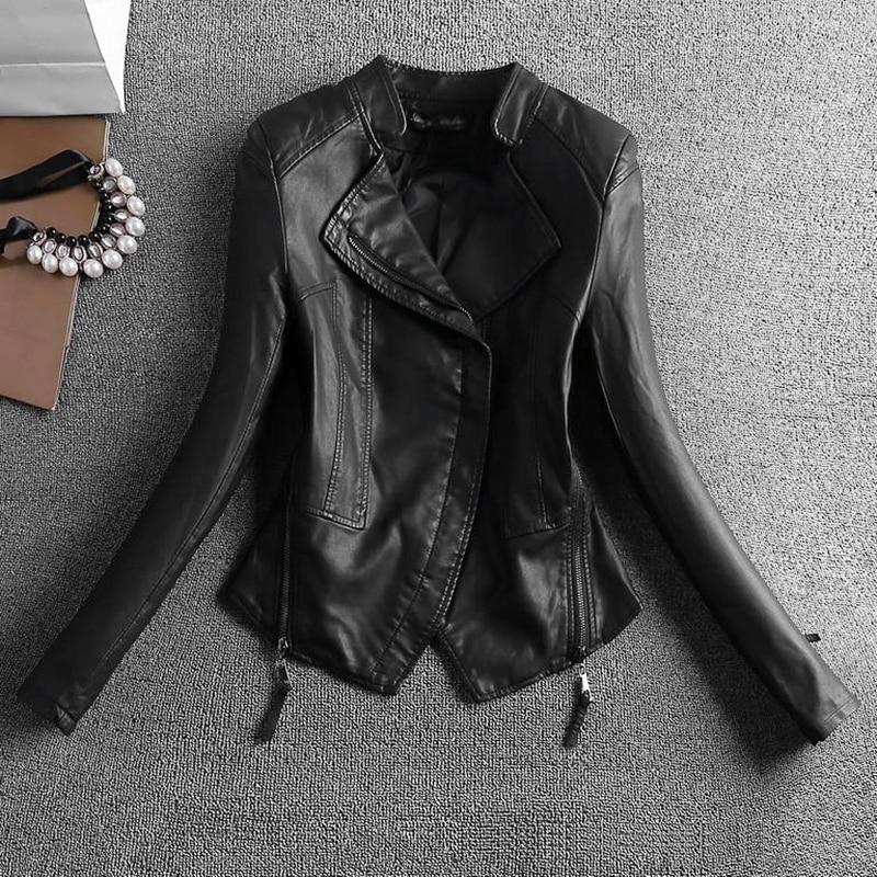SWREDMI Black Female Jacket Leather Coat Women Motorcycle Jackets Outerwear S-2XL Slim Stand Collar Suede