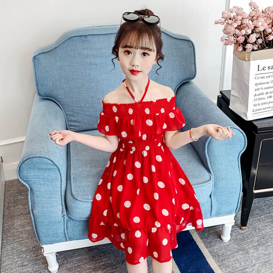 Vestito Da estate Della Ragazza Grande Dot Dress Per La Ragazza Shoulderless Vestito Da Partito Del Bambino Coulisse Abbigliamento Per Bambini 6 8 10 12 14
