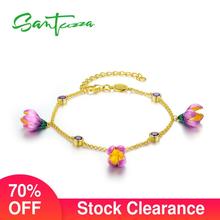 )Zza bracciale in argento per donna argento Sterling 925 elegante fiore rosa regolabile Color oro gioielleria raffinata smalto fatto a mano