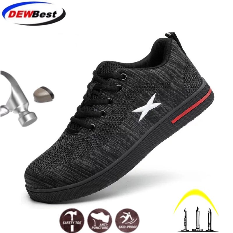 Plus Size Men's Breathable Mesh Puncture Proof Protetive Safety Shoes Men Outdoor Anti-slip Steel Toe Cap Work Shoes Boots