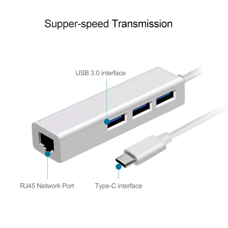 Eksternt netværkskort thunderbolt 3 to ethernet 3 porte usb 3.0 hub type c til  rj45 100 mbps lan adapter data til macbook