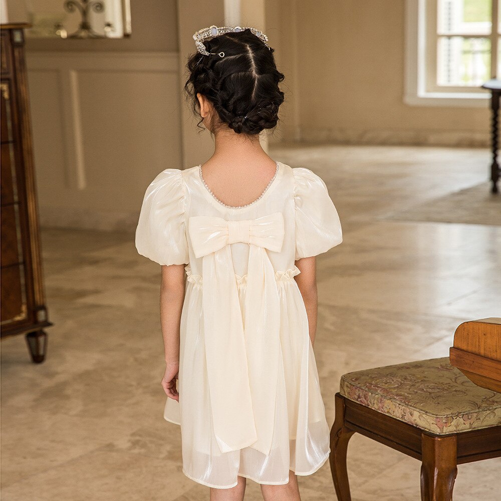 Prinses Jurk Voor Meisje Solid Mode Verjaardagsfeestje Jurken Zomer Pull Mouw Boog Kinderkleding Voor School Kids Leuke Jurk