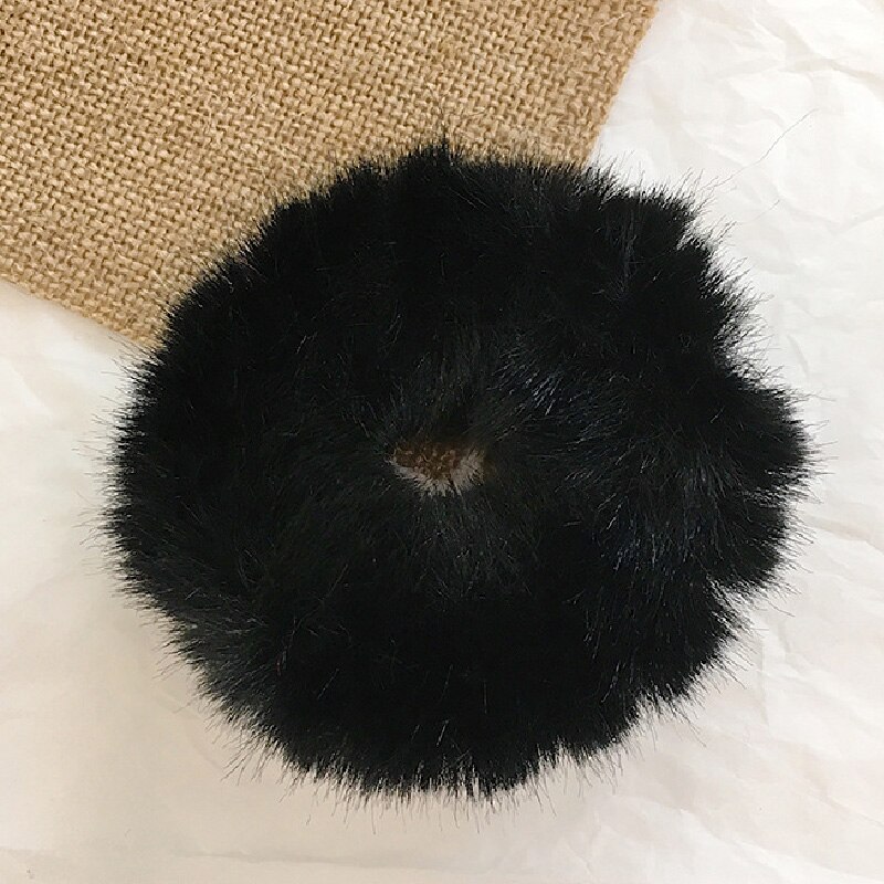 fluffy fuskepels lodne scrunchie elastisk fast hår ringe tau bånd glipper rundt jenter gul rød grønn hestehale plysj hår: Svart