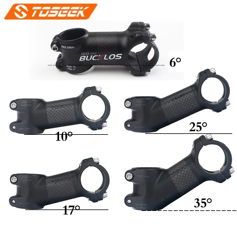 Toseek-vástago de bicicleta de fibra de carbono, 6/10/17/25/35 grados, ultraligero, 60/70/80/90/100mm, potencia de bicicleta de montaña, aluminio