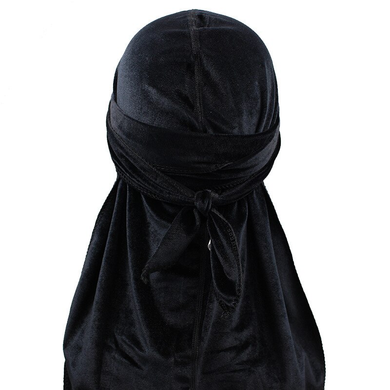 Durag – Bandana respirant en velours pour hommes et femmes, couvre-chef à longue queue, solide, bandeau de basket-ball de rue, Hip hop,: black