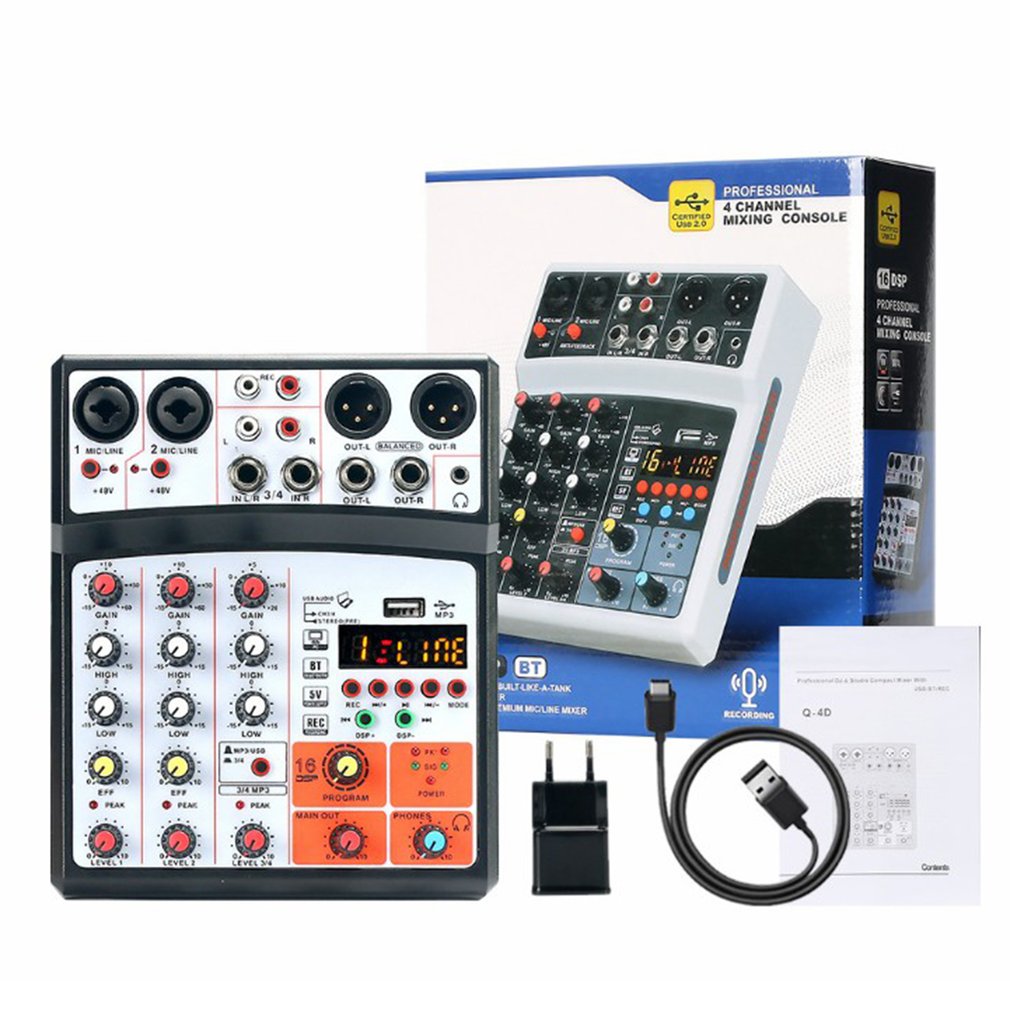 Sound Mixing Console Bluetooth Usb Record Computer Afspelen 48V Phantom Power Vertraging Repaeat Effect 4 Kanalen Usb Audio Mixer