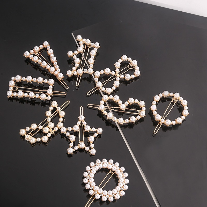 Horquilla de aleación geométrica de pentagrama de perlas de arco de para niña, Clip para el cabello minimalista, accesorios para el cabello con forma de corazón de diamante
