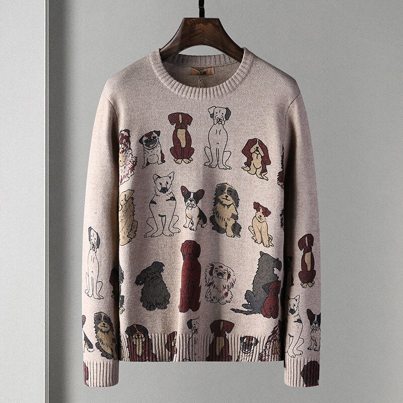 Trykk lange ermede gensere menn o-hals høst slim casual strikkegensere tegneseriemønster collegegensere pluss størrelse 4xl
