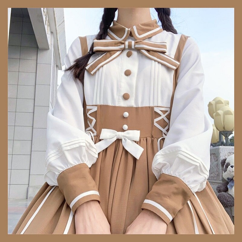 Vestido de de princesa, Harajuku japonés agradable arco, volantes, manga larga