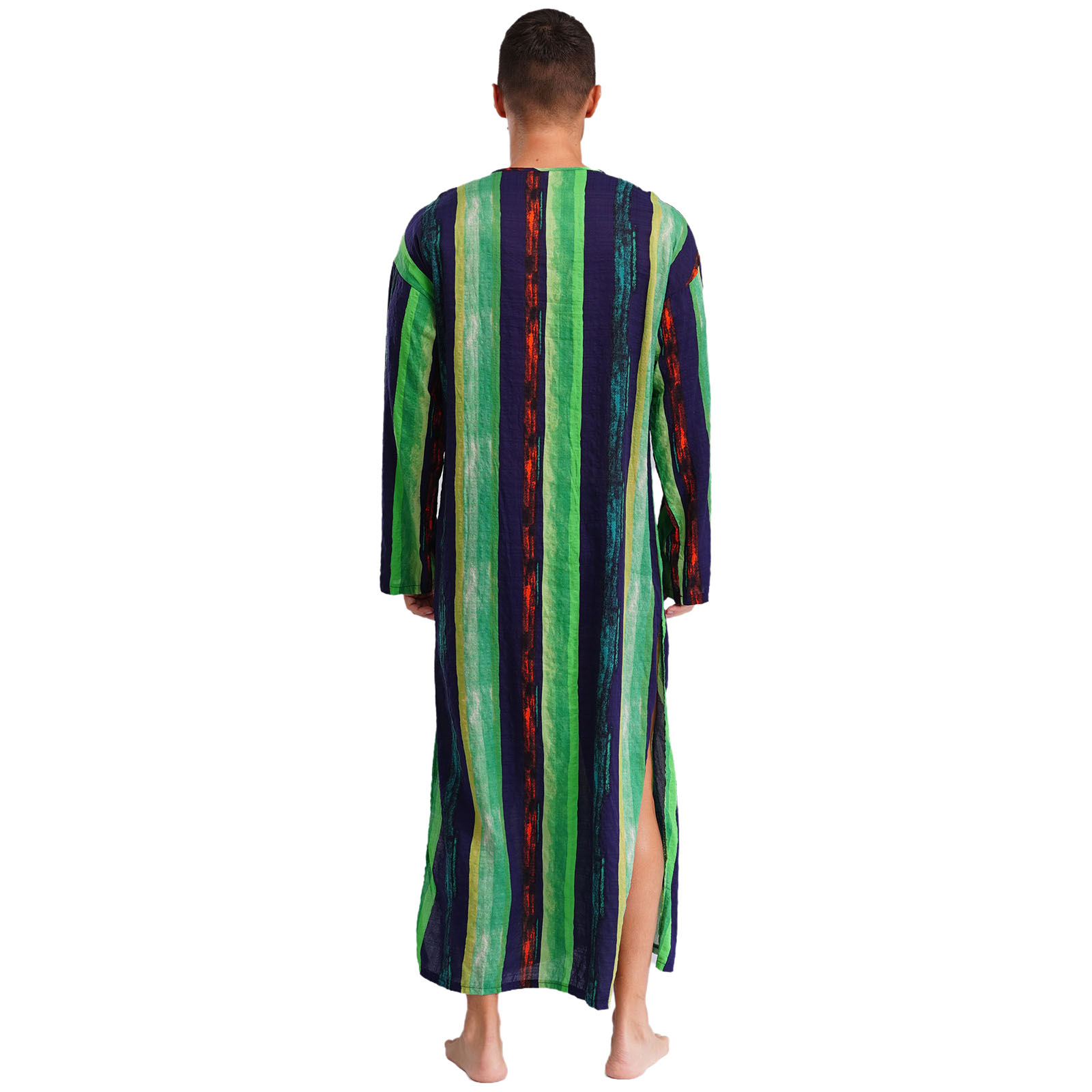 Mannen losse jurk Midden-Oosten Islam Moslim Thobe Ronde Hals Lange Mouw Streep Lange Jurk Knoppen Arabische Jubba Thobe Shirt Jurken