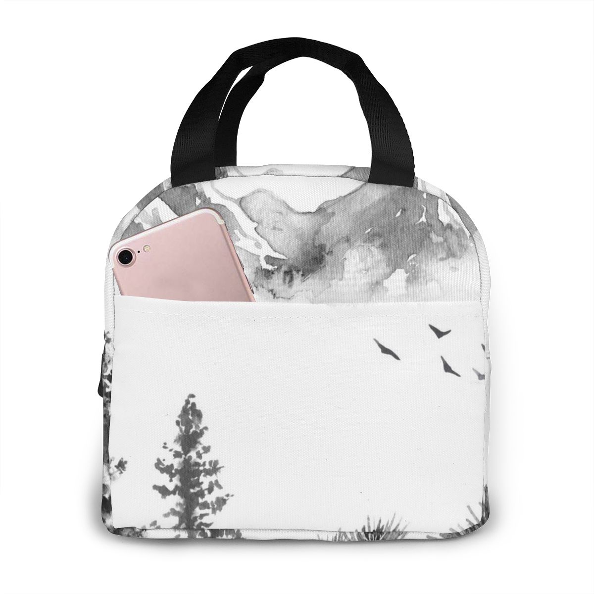 Draagbare lunchtas japanse inkt schilderij sakura en bergen thermisch geïsoleerde lunchbox tas lunchcontainer voedsel opbergtas: Zwart 3