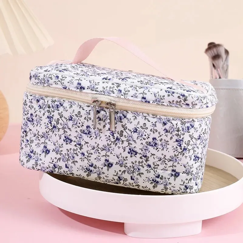 Katoenen cosmetisch zakje Cosmetische tas met bloemmotief Capaciteit Make-up organizer met dubbele ritssluiting Draagbare reisopslag Waszak: Blauw