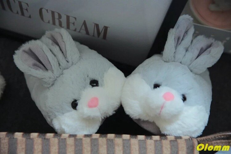 Women Cute Animal slippers Girls Rabbit Home shoes Big size 42 Non slip Flat with Winter slipper Short Plush TPR Sole