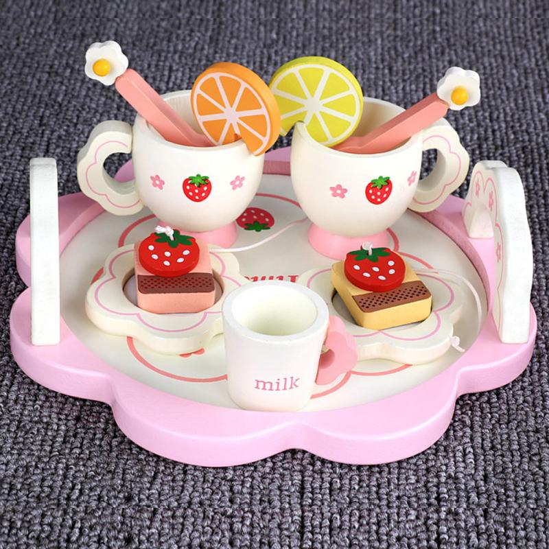 Meisje Keuken Creatieve Keramische Thee Set Speelgoed Kinderen Mini Thee Set Houten Pretend Play Met Doos Kom Fruit Slice cup Lade Lepel