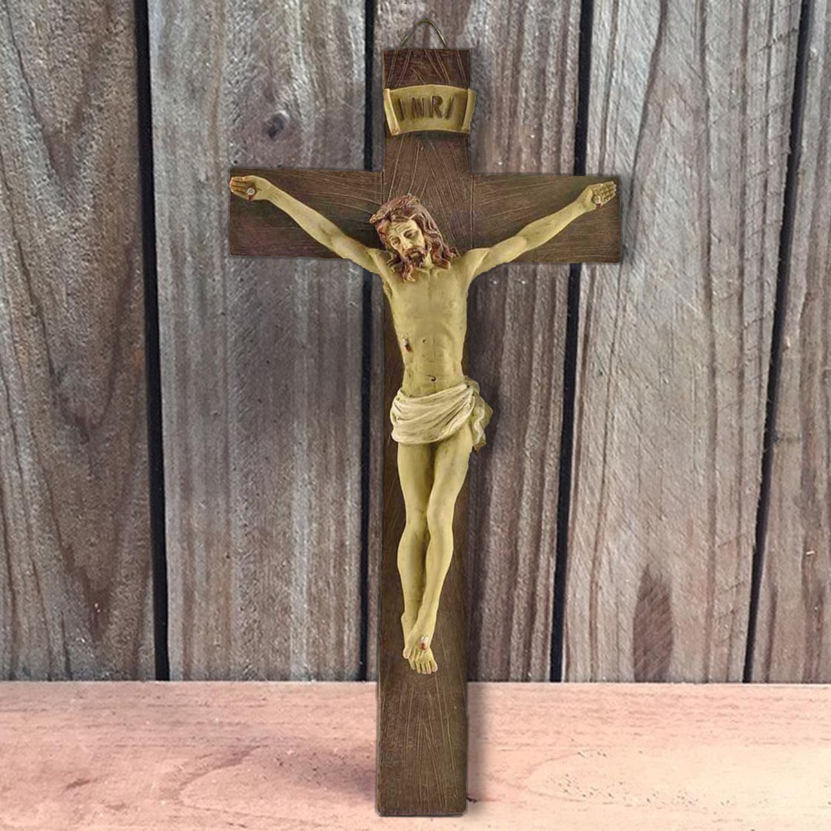 Handmålat trä texturerat 23 cm högt hartskrucifix vägg kors jesus kors för väggdekoration religiös