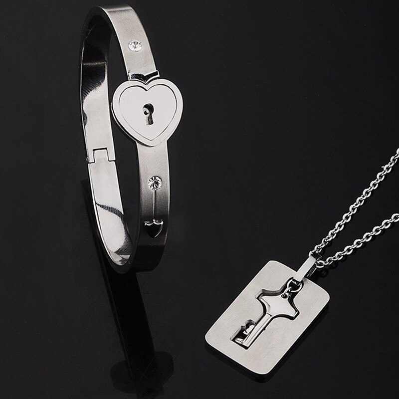 A Couple Lovers Jewelry Love Heart Lock Bracelet Stainless Steel Bracelets Bangles Key Pendant Necklace Jewelry