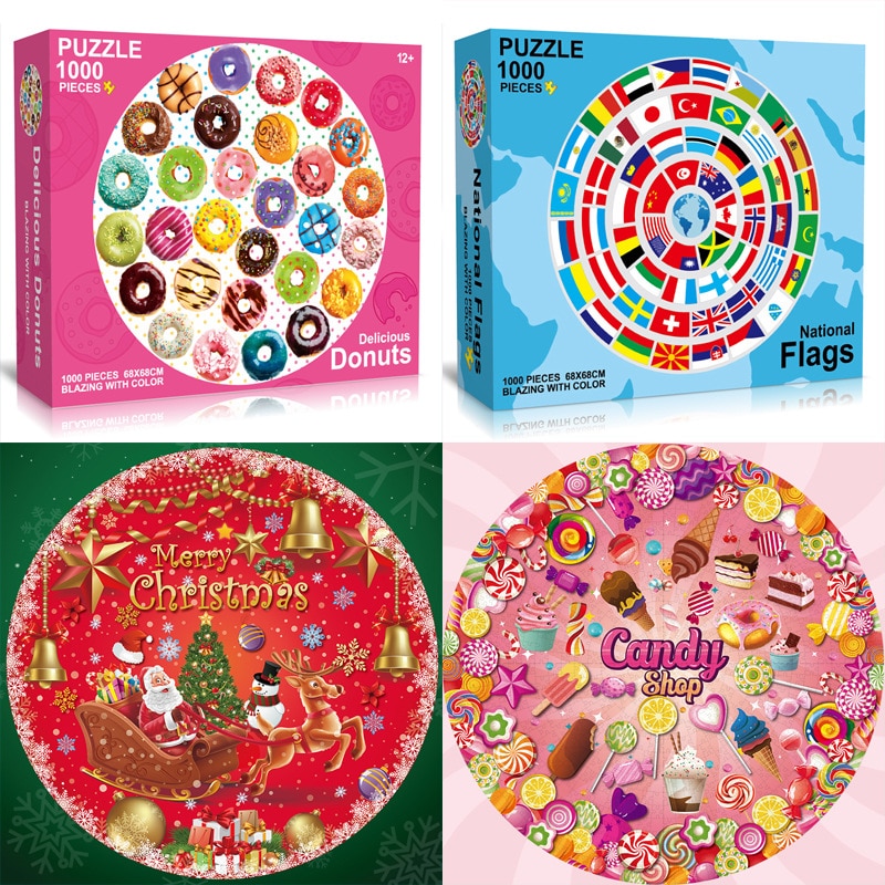 1000 Pieces Children Round Flag/Candy/Color/Donuts Kids/Adult Jigsaw Paper Puzzle Cartoon Learning Educational Toys for