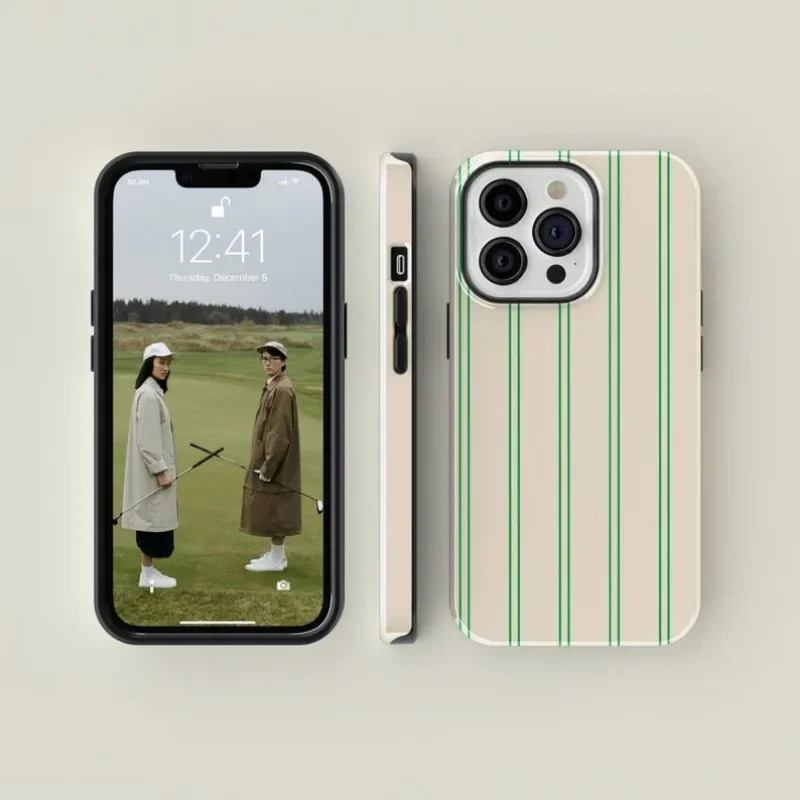 Nålestribet grønt telefoncover til 11 16 15 14 13 12 pro max plus luksuriøst dobbeltlags bagcover