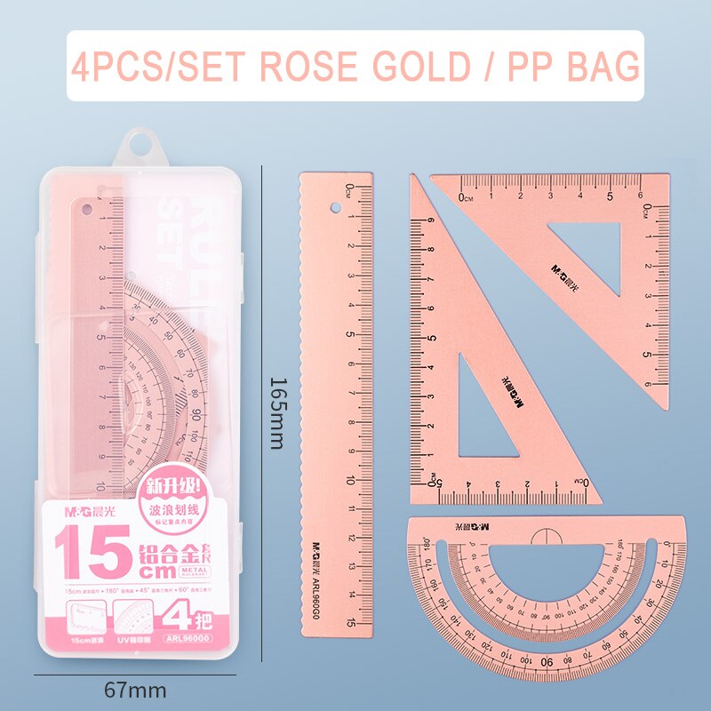 M&amp;G 4PCS/Set UV Aluminum Alloy Ruler Drawing Measurement Geometry Triangle Ruler straightedge Protractor A variety of rulers: ARL960G0 rose