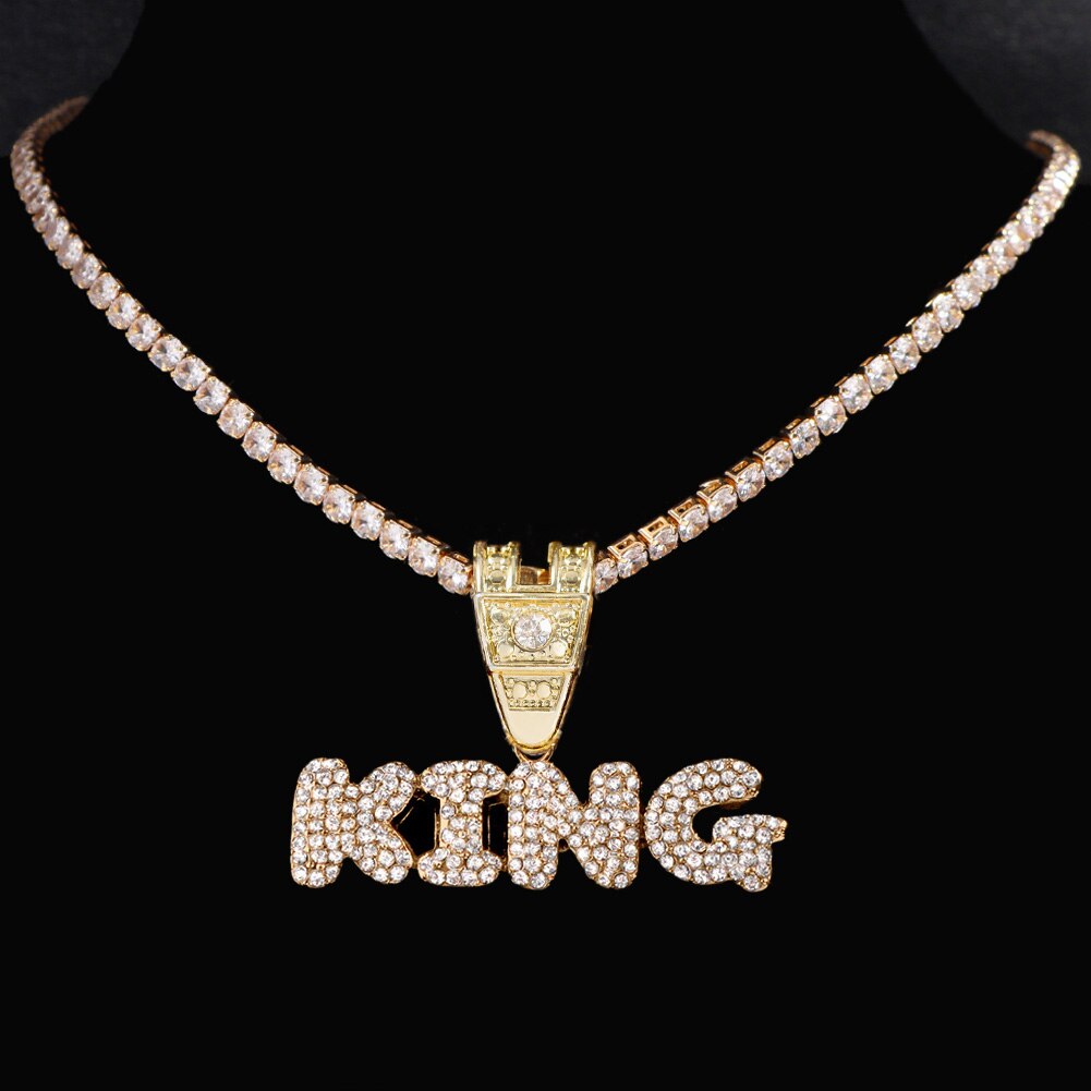 Stainless steel/Zircon Chain Necklace Iced Letter KING Pendant Chain Necklaces For Women Men HipHop Party Male Jewellery: Zircon chain GD / 18inch (46cm)