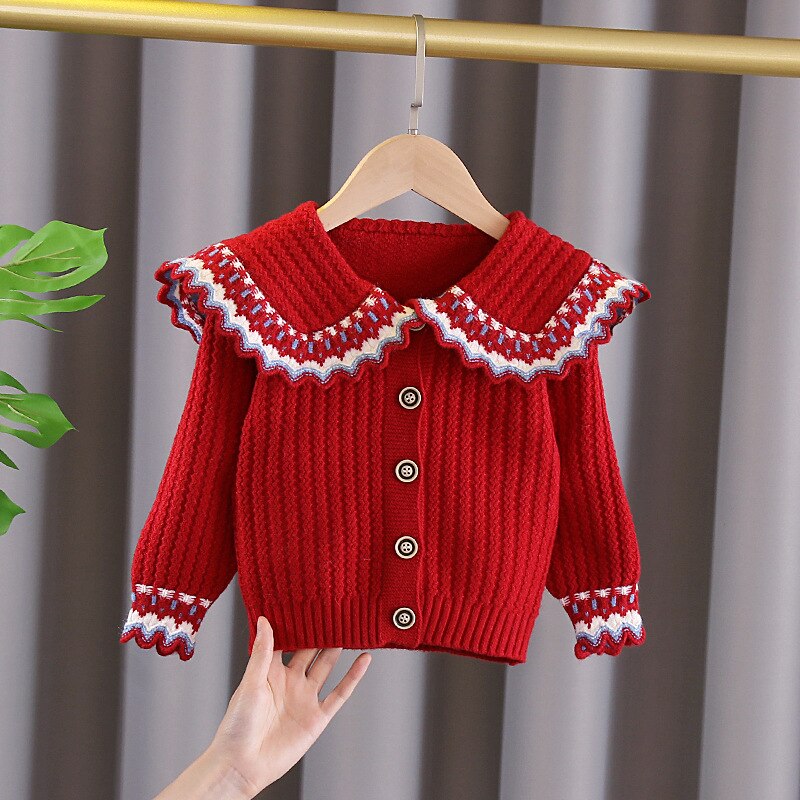 Autumn Winter Girls Knitting Cardigans Coat Kids Long Sleeve Peter Pan Collar Warm Sweater 3Color 0-5Y: Red / 4T