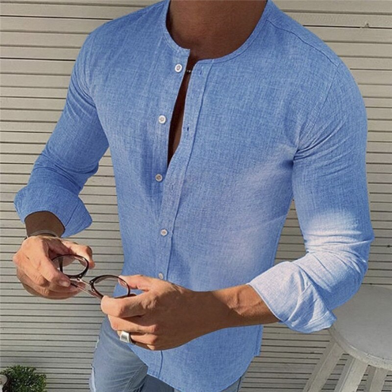 Efterår forår langærmede casual skjorter til mænd solide slanke basic stand business skjorter camisas masculina: Blå / L