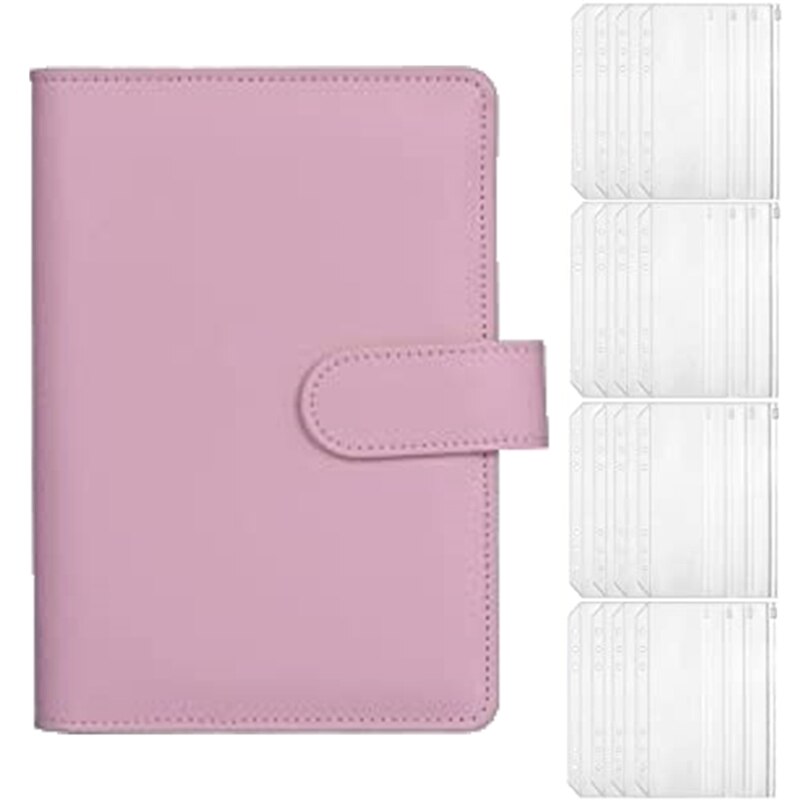 A5 Leather Notebook Binder with 16Pcs A5 Plastic Binder Pockets, Budget Envelope System,A5 Budget Planner Binder Cover: Pink White