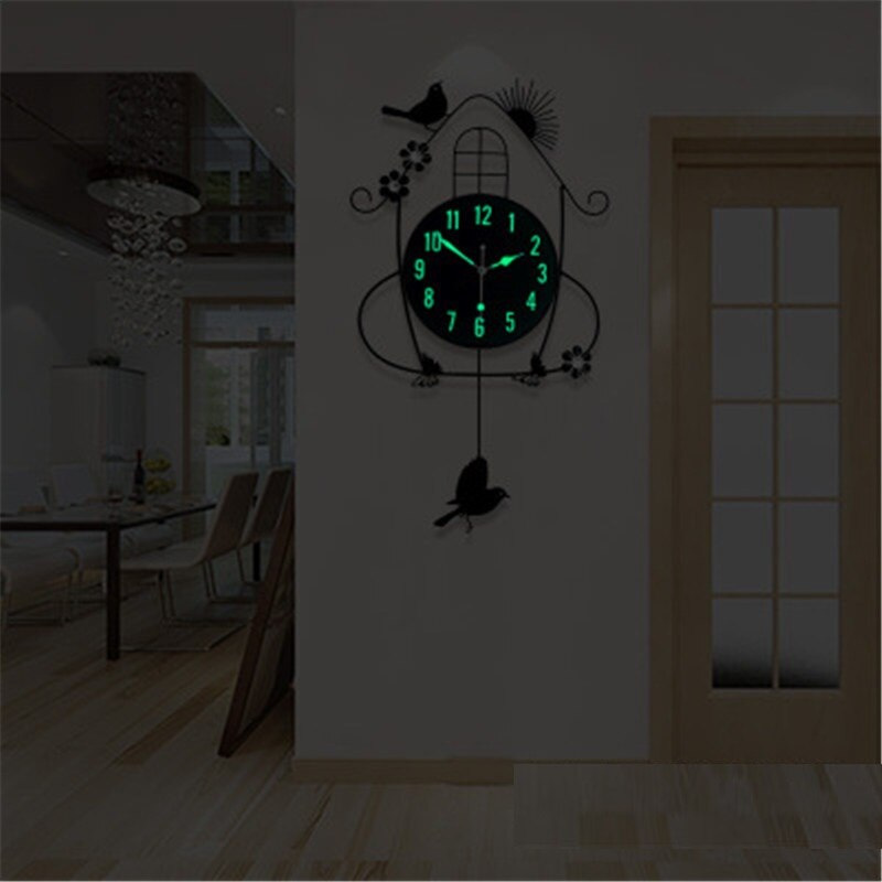 Pendulum Light in the Dark Wall Clock Modern Living Room Luminous Bird Metal 3D DIY Stickers Pared Con Pendulo Home Decor: Glow black