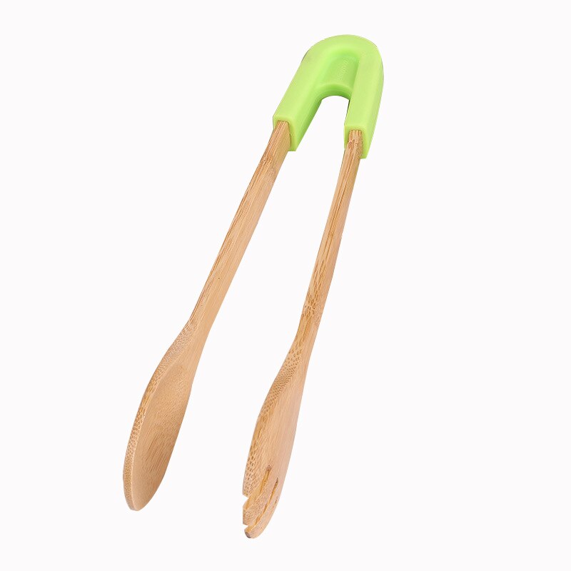 Wooden Salad Cake Snack Clip Bamboo Food Toaster Tongs Silicone Handle Bread BBQ Tongs Kitchen Tools Clamp Cooking Utensils: Green (Round)